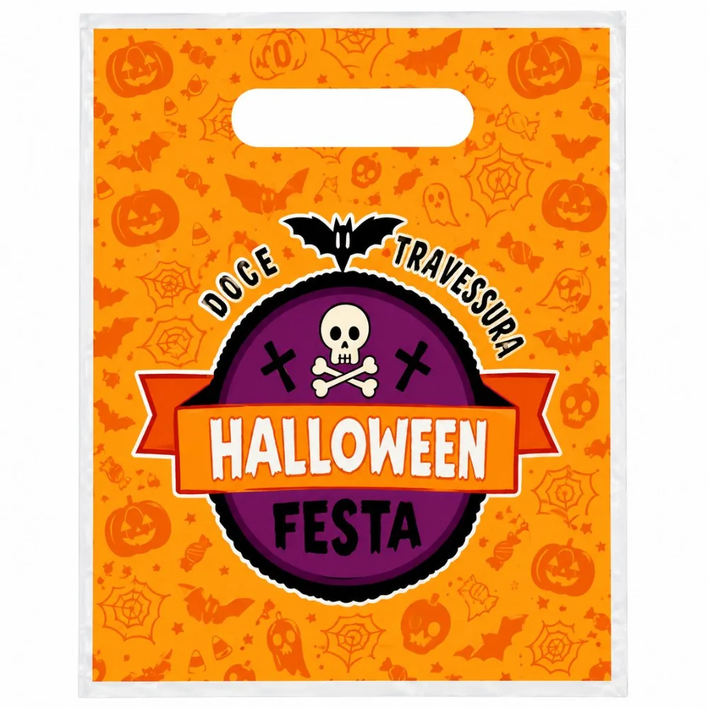 Sacola laranja com alça vazada e estampa temática de Halloween